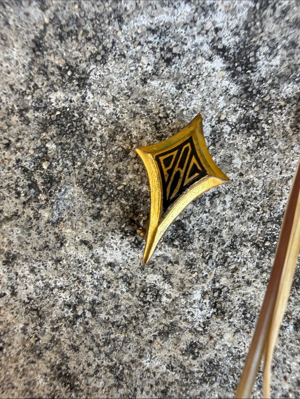 Gold Diamond-Shaped Enamel Pin with Black Logo